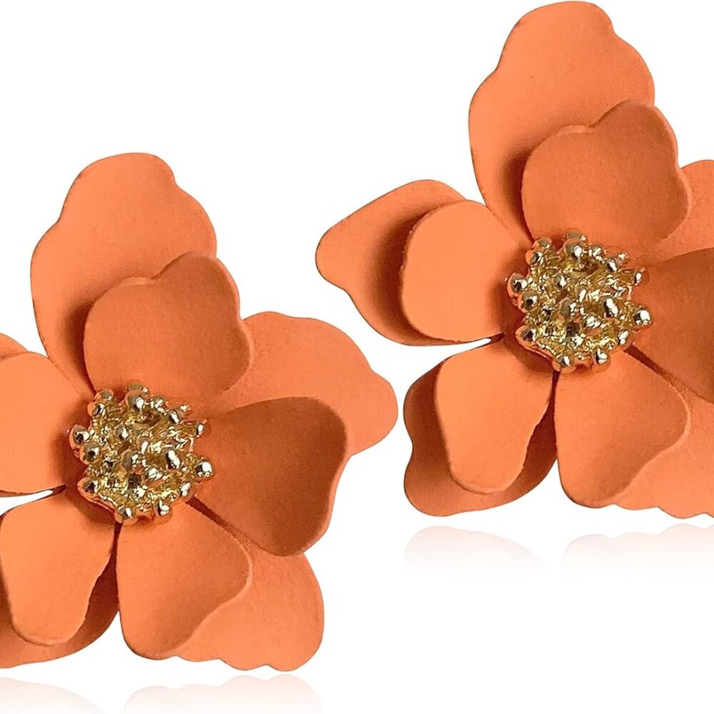 Chic Cute Boho Matte Flower Statement Stud Earrings with Gold Flower Bud for Wom